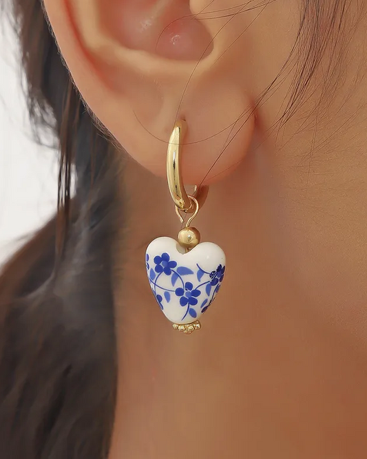 Blue Willow Heart Drop Earrings