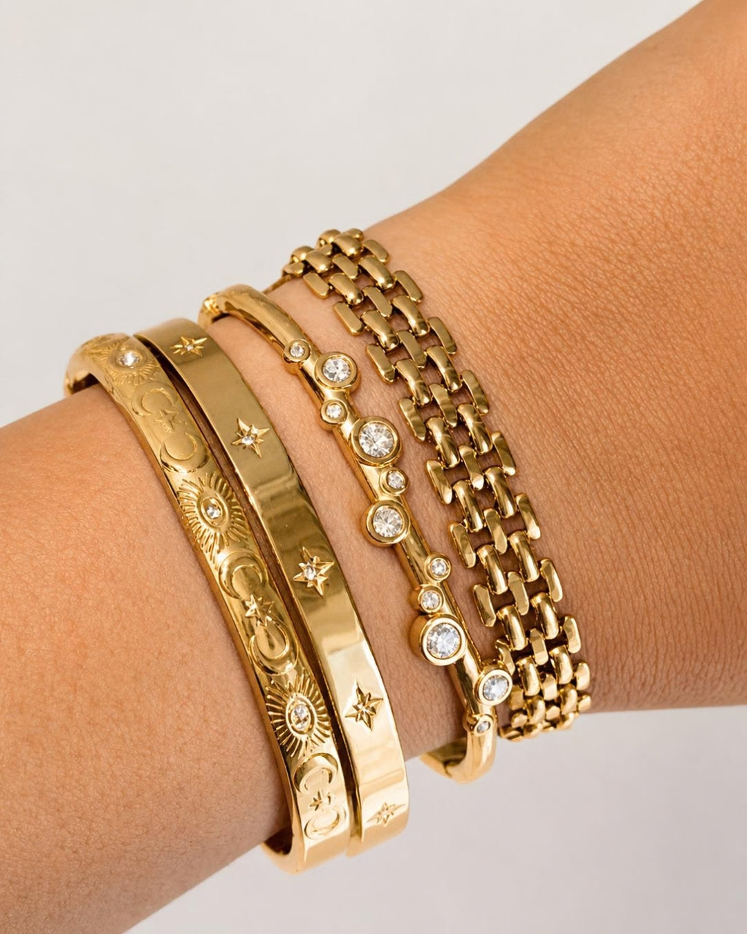 Celestial Engraved Sun & Moon Bangle Bracelet