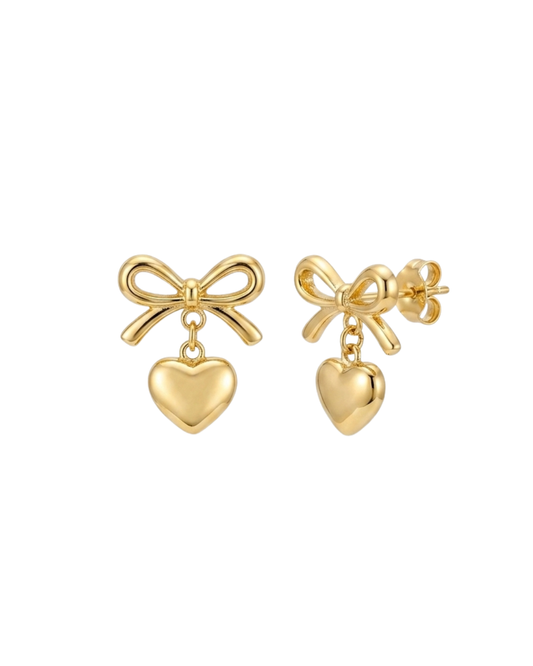 Gold Bow and Heart Dangle Earrings