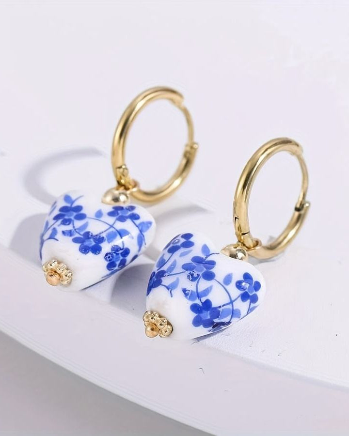 Blue Willow Heart Drop Earrings