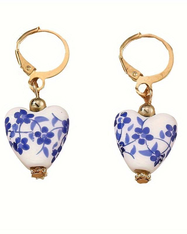 Blue Willow Heart Drop Earrings