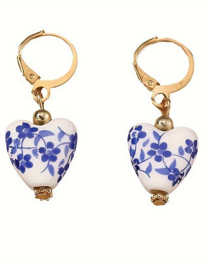 Blue Willow Heart Drop Earrings
