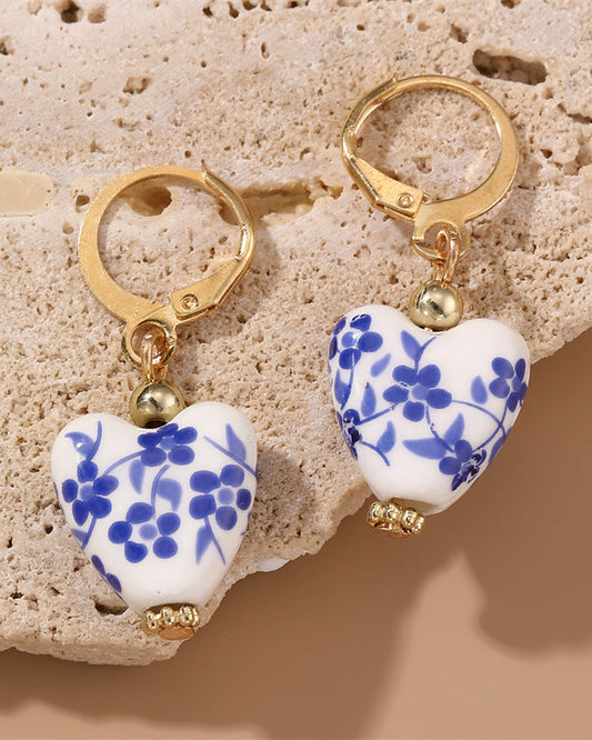Blue Willow Heart Drop Earrings