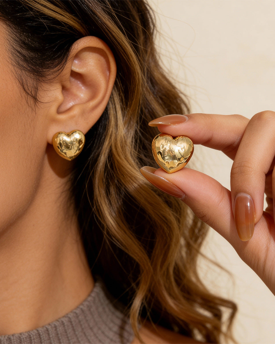 Melted Gold Hammered Heart Studs
