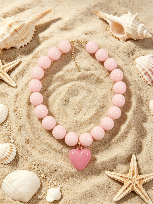 Bubblegum Pink Bead & Heart Pendant Necklace