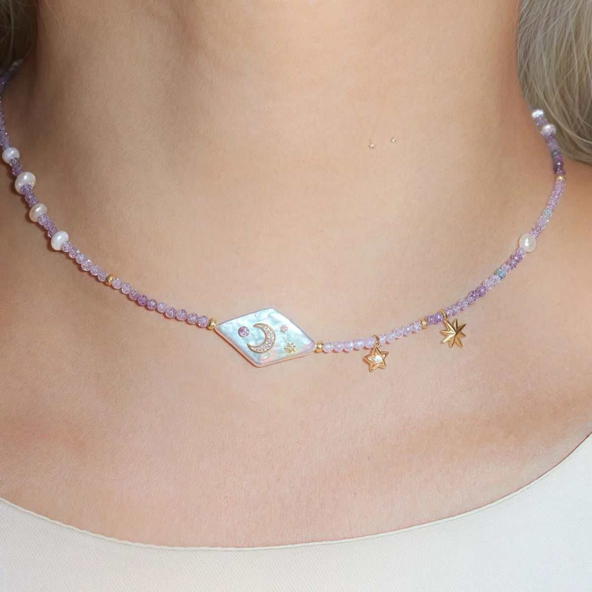 Celestial Lavender Beaded Pearl Necklace